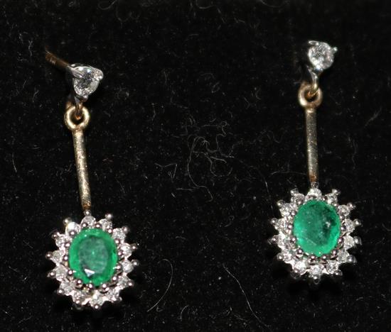 A pair of 9ct gold emerald and diamond cluster drop earrings, 22mm.